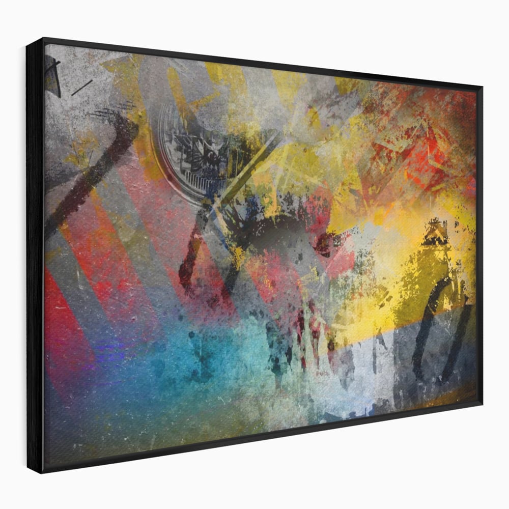 Tablou canvas cu pictura abstracta cu pete vibrante, in rama de aluminiu negru